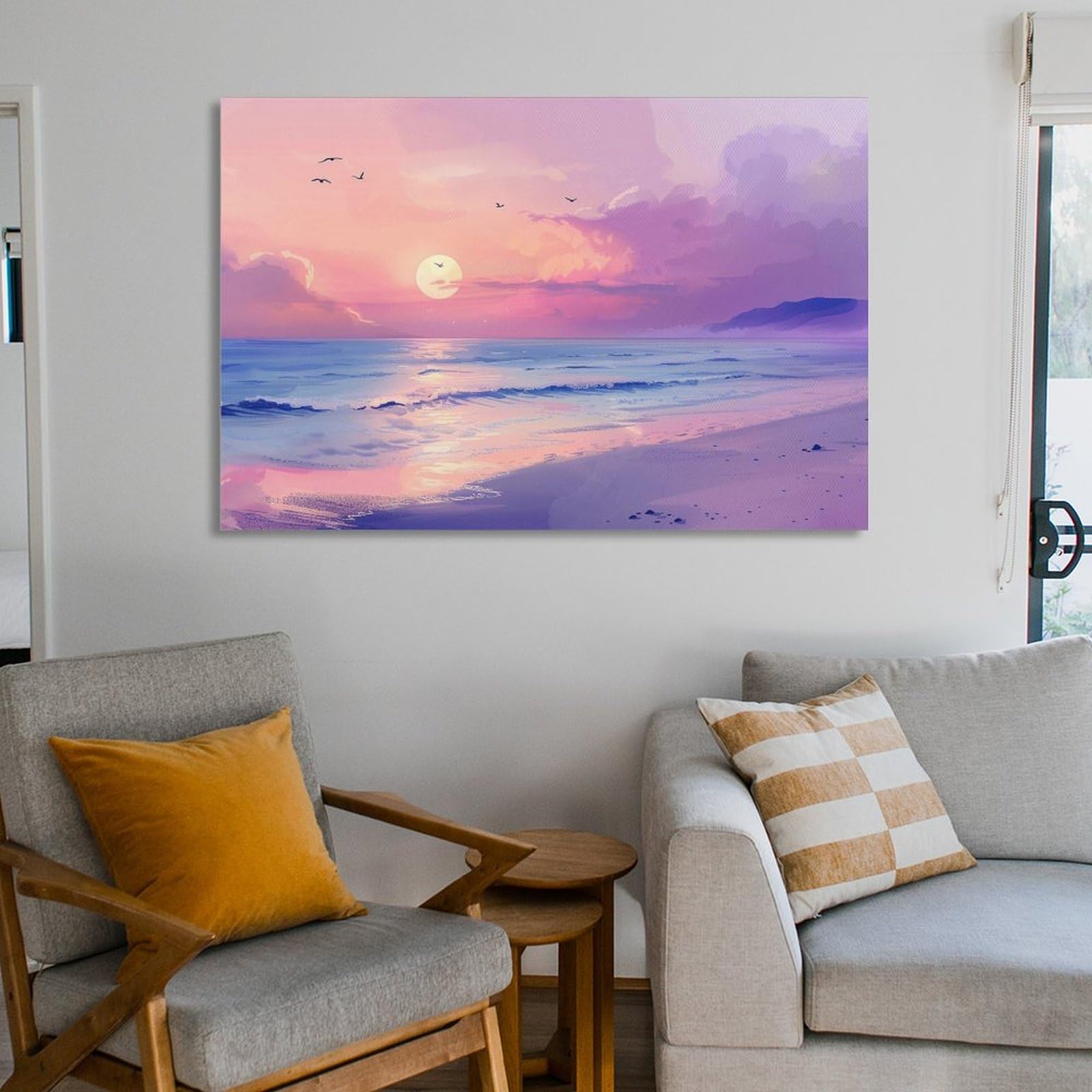 Amazon.co.jp: 絵画 パステル調のシーンとビーチの夕日 アートパネル
