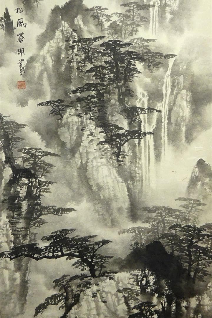 水墨画 掛軸 湖光山色 謝光力画 中国 絵画 山水 張大千大風堂 カラー