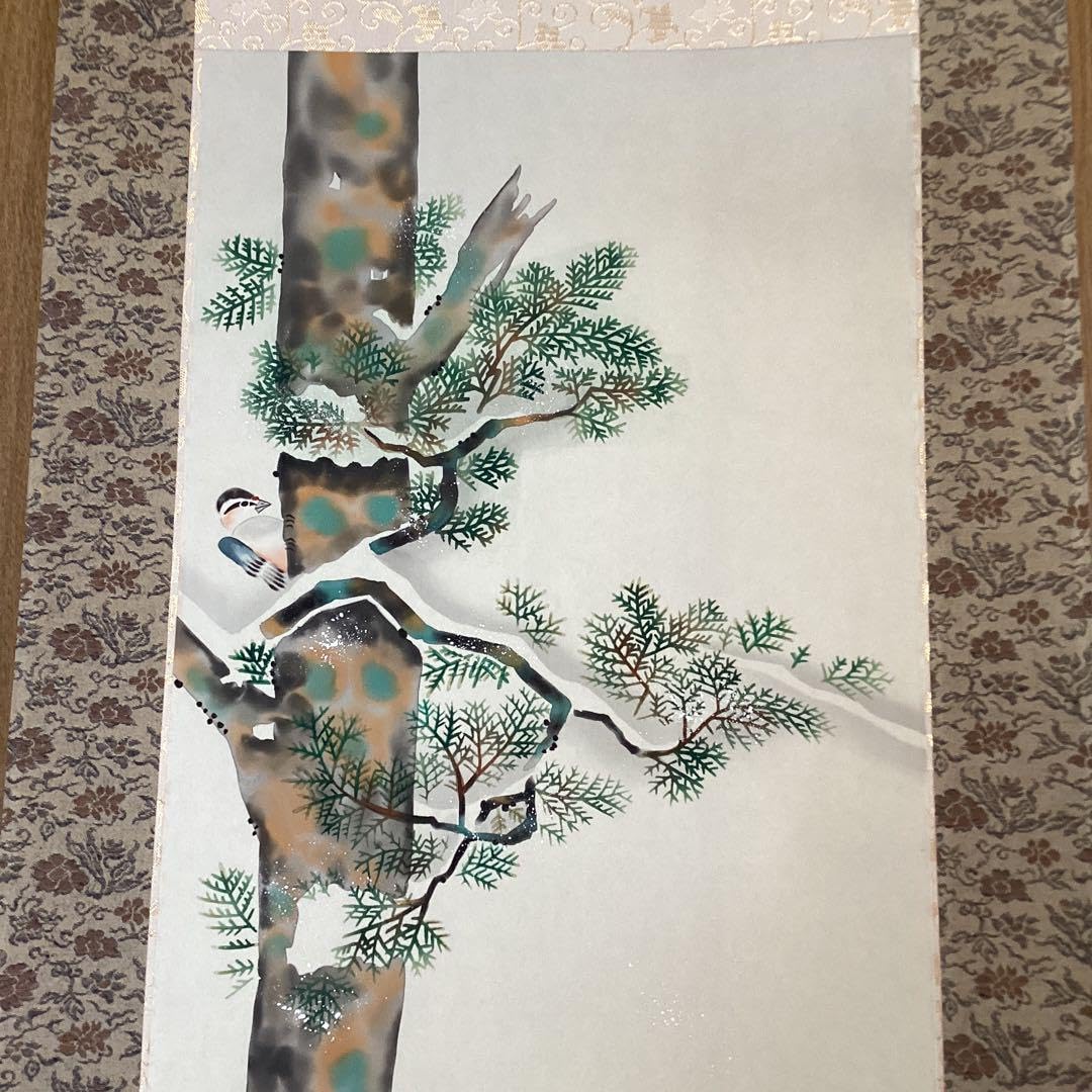 Amazon.co.jp: 池田桂月筆 酒井抱一写 12月 檜に啄木鳥図 彩色画絹本