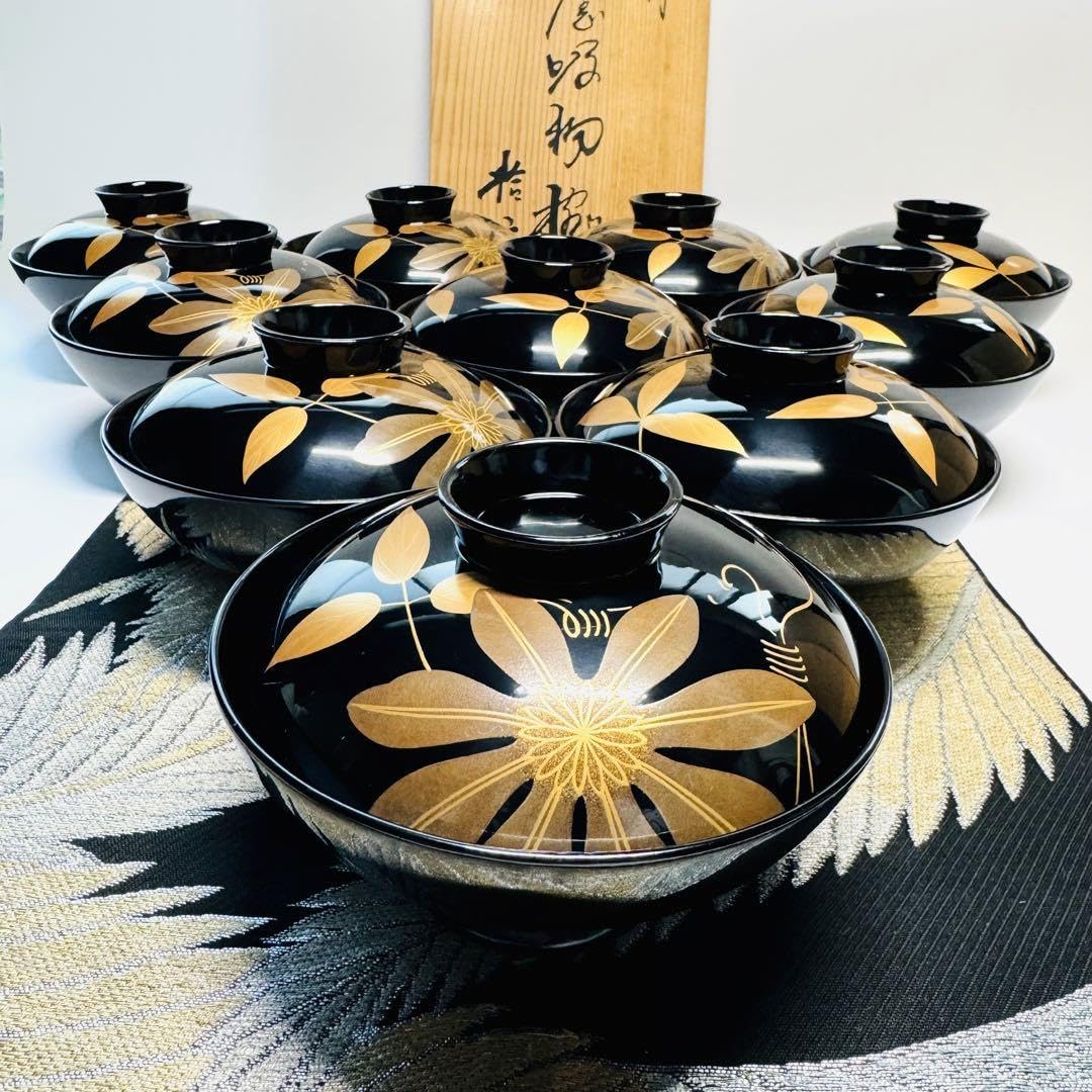はなさん 輪島塗 松鶴図金蒔絵 黒漆 吸物椀 3客 はなさん 輪島塗 松鶴