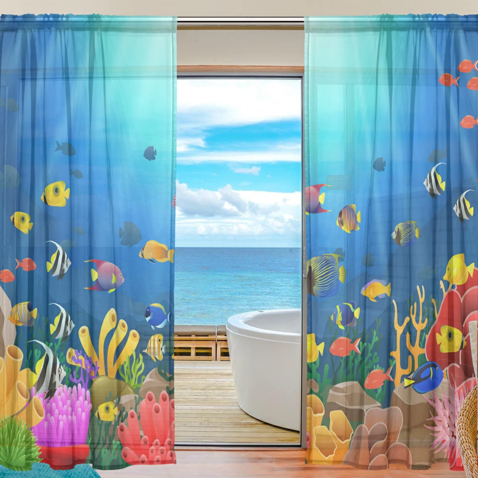 Amazon｜Chovvy レースカーテン ミラーカーテン 海 ハワイ 魚柄