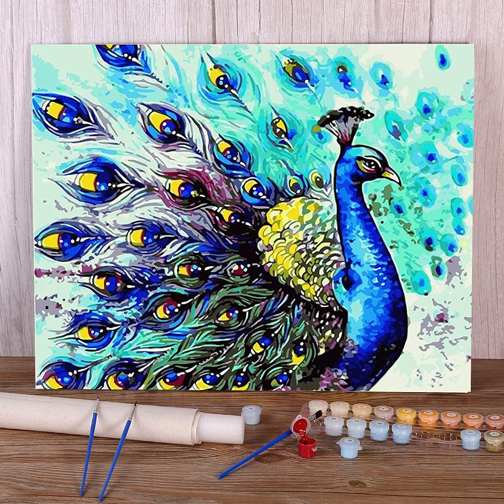Amazon.co.jp: 数字で描く数字で描く動物孔雀油絵キャンバス絵画子供の