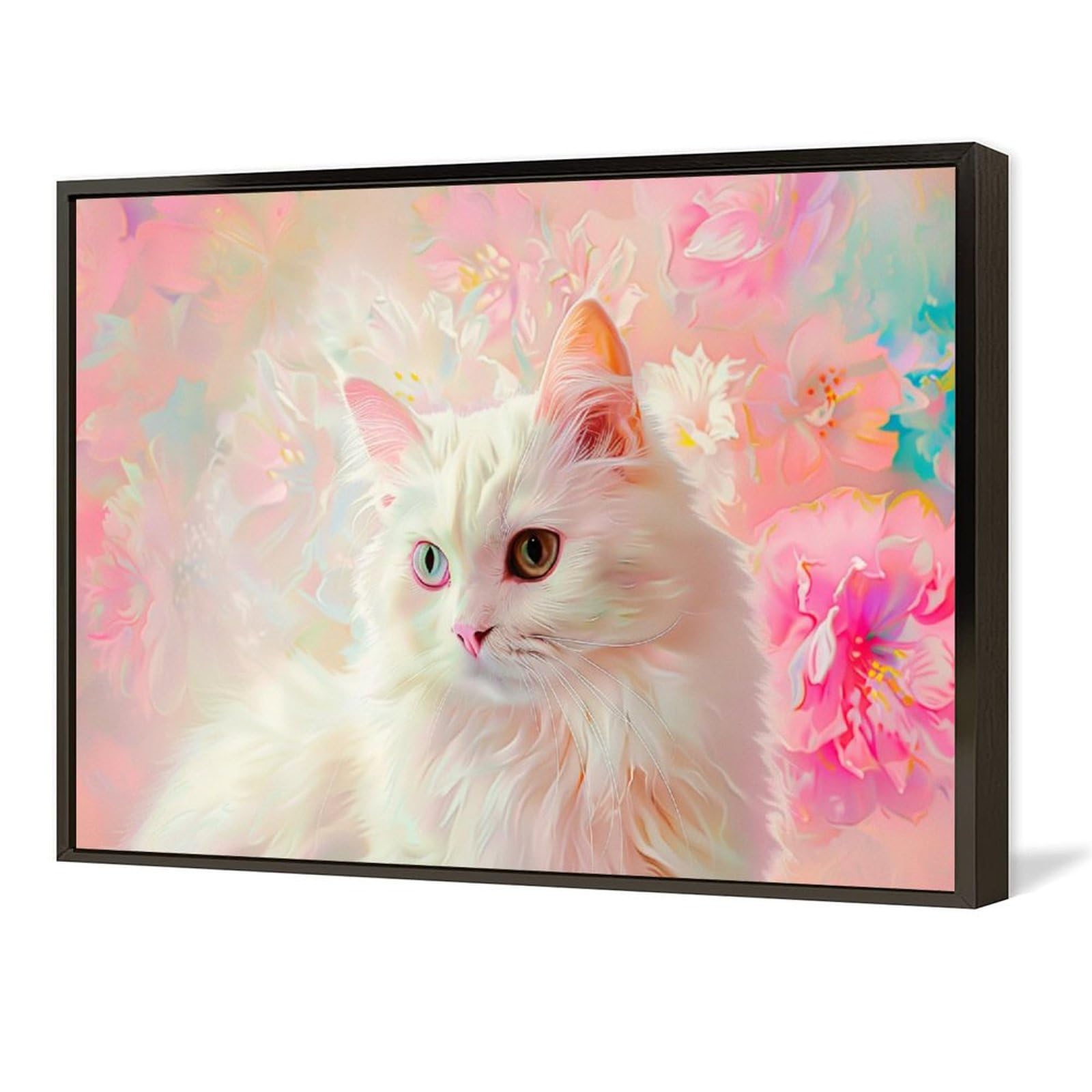 Amazon.co.jp: 絵画 ピンクの花の背景を持つかわいい白猫 アートパネル