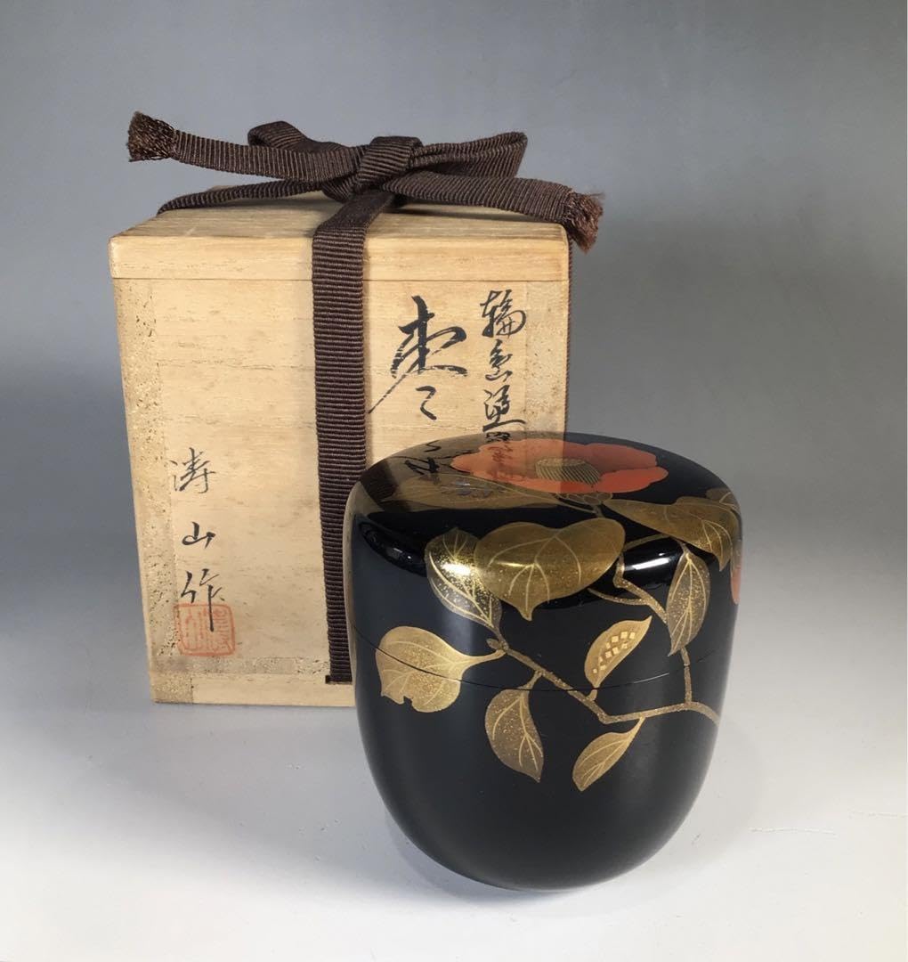 イ802 茶入『高崎秋峰作』『銀杏蒔絵 黒柿八角茶器 共箱』茶道具 イ802