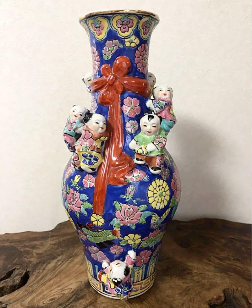 Amazon.co.jp: 中国美術 多唐子 多彩草花蝶芭蕉扇紋 砂こうだい 花瓶