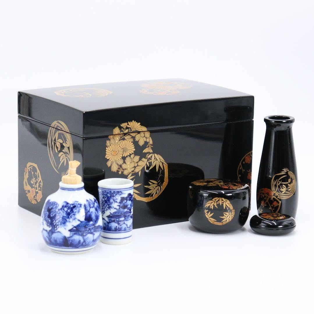 Amazon.co.jp: 丸紋四君子蒔絵 茶箱 三つ組 染付山水絵 二点揃 桐箱 布
