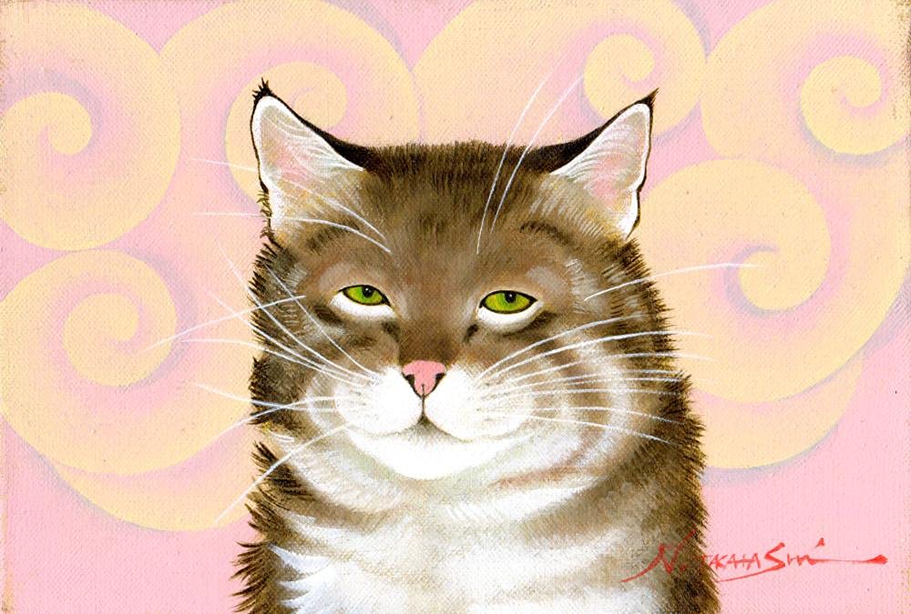 絵画 額付( 青緑＋金色の枠) 油絵F4-030819猫女の子たち