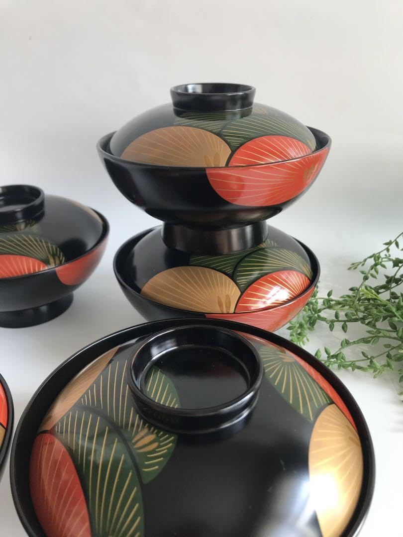 Amazon.co.jp: 能登輪島塗 漆塗り 松蒔絵 木製 蓋付椀 煮物椀 5客