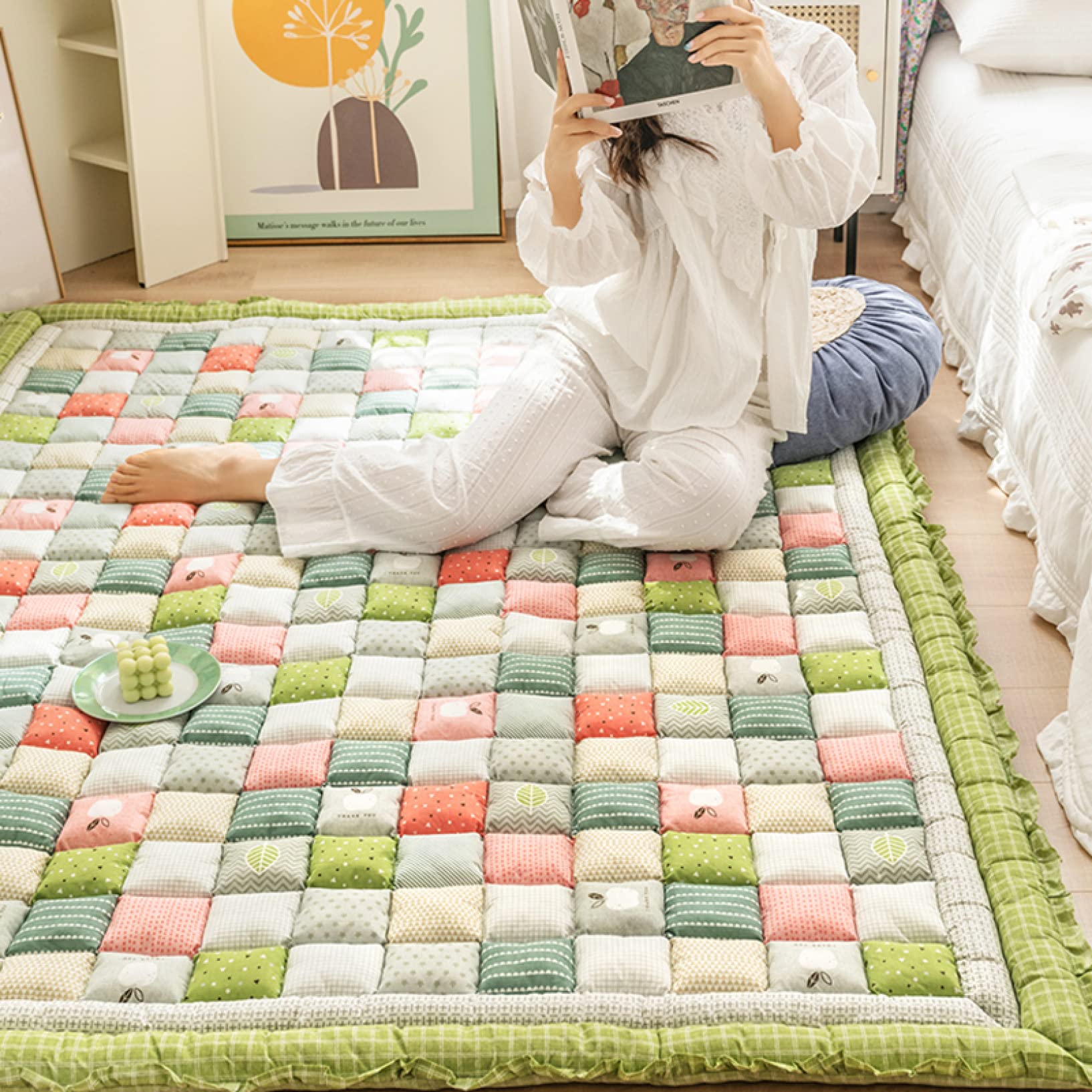 Amazon｜キルティングマット 花柄 ラグ 綿100％ ラグマット デザイン