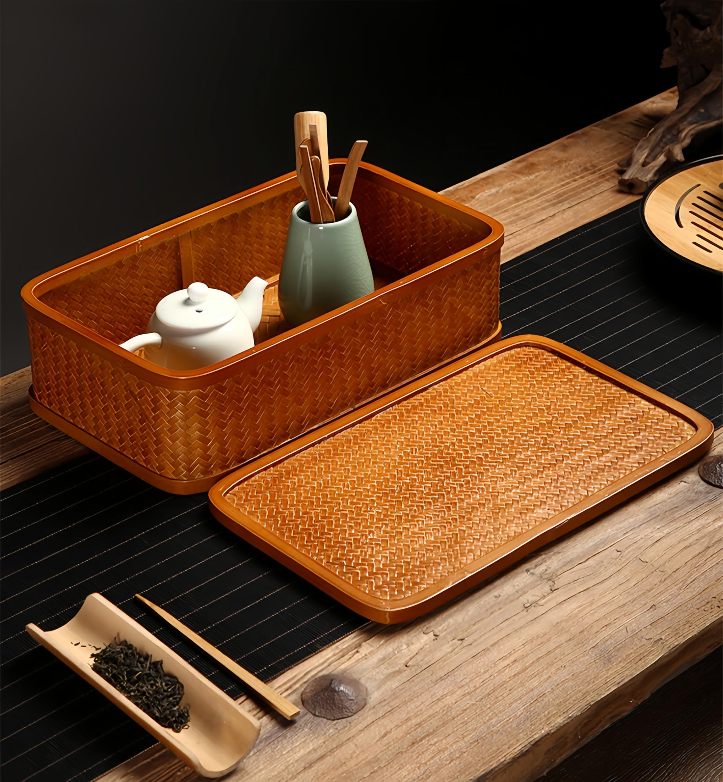 Amazon｜竹編み茶道収納バスケット 竹籠 竹篭 茶道具収納箱 茶盆茶台