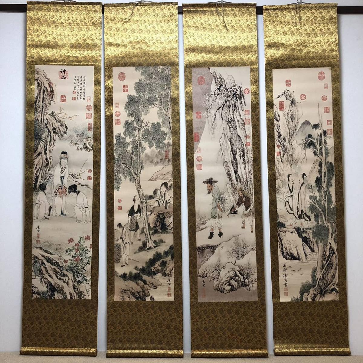 蔵出し 美術高級品絵巻き絵大名家唐寅&唐伯虎旧蔵掛け軸4本セット