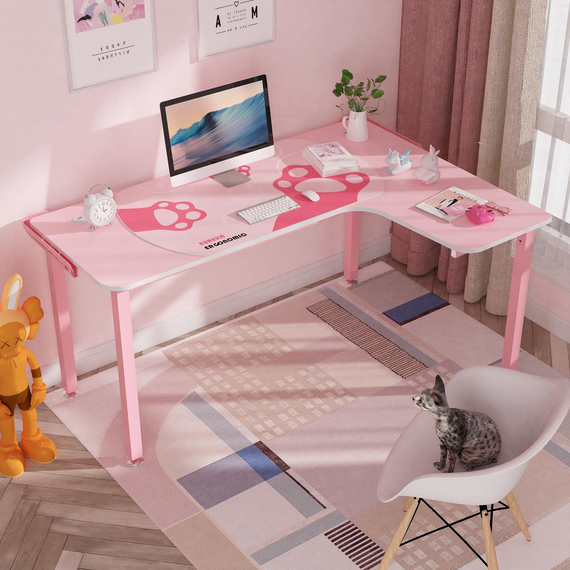 Amazon.co.jp: DESIGNA ピンク ゲーミングデスク 60インチ ピンク L字