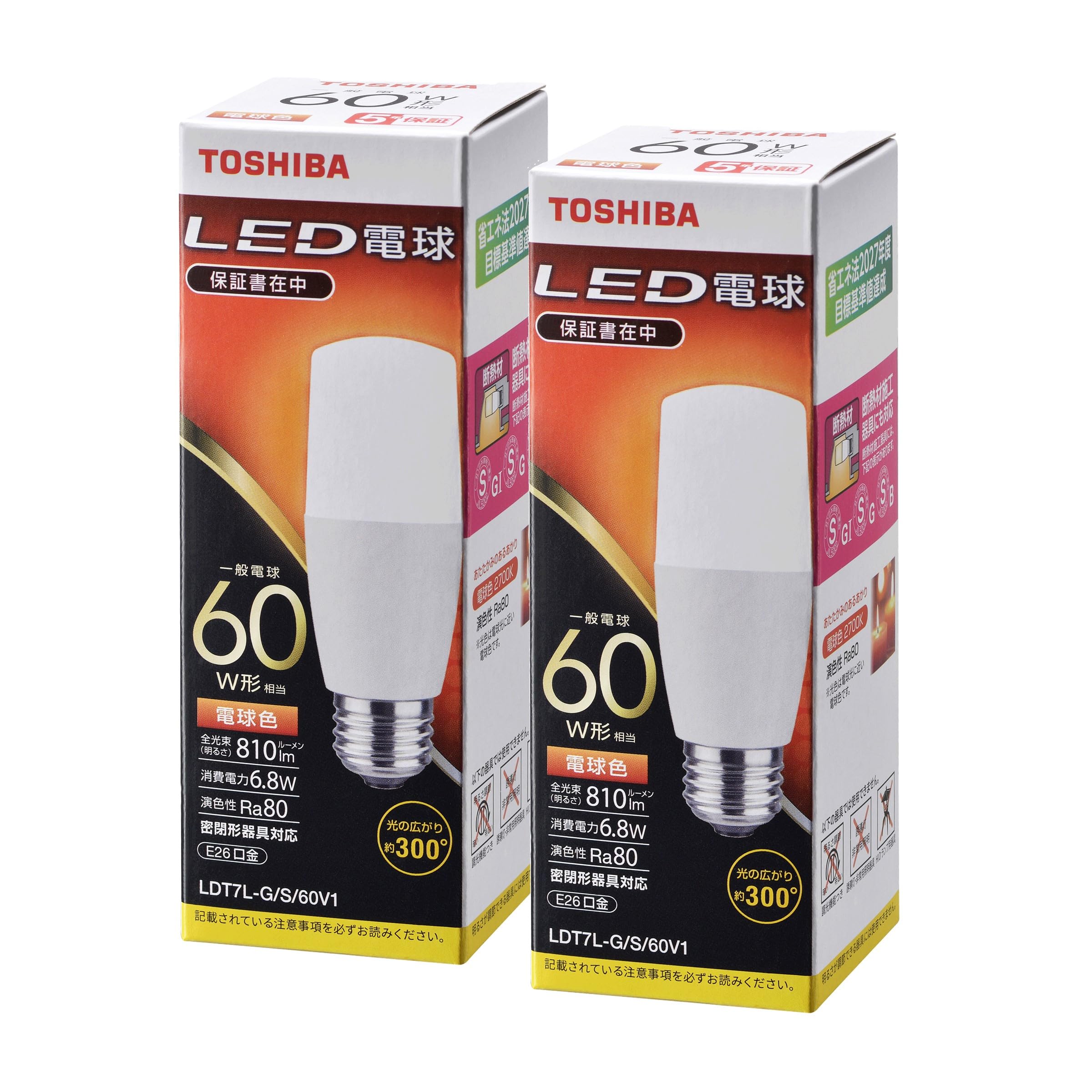 Amazon | TOSHIBA(東芝) LED電球 60W相当 広配光 電球色 E26口金 2P