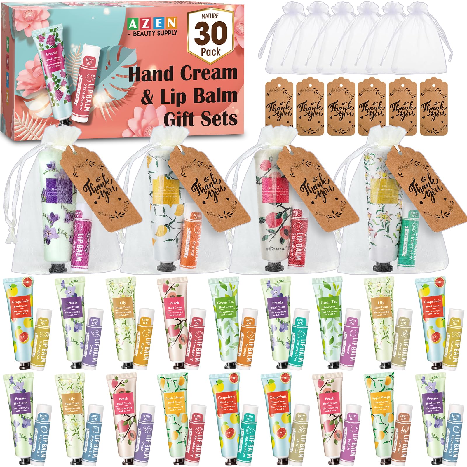 Amazon.com : AZEN 30 Sets Bulk Gifts, Hand Cream and Lip Balm Bulk