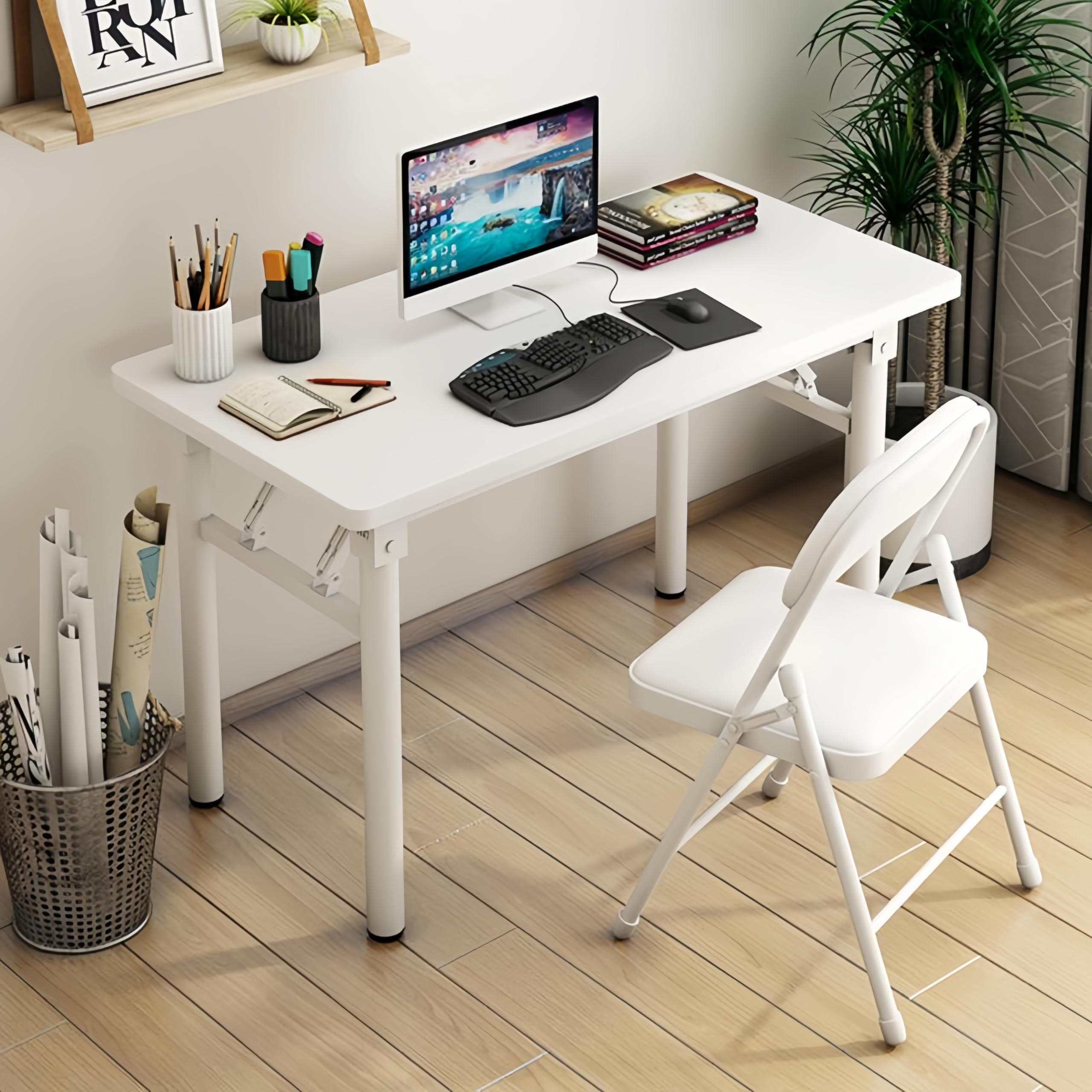 Amazon | 折りたたみデスク 勉強机 パソコン 机 白 木製 80cm 作業台