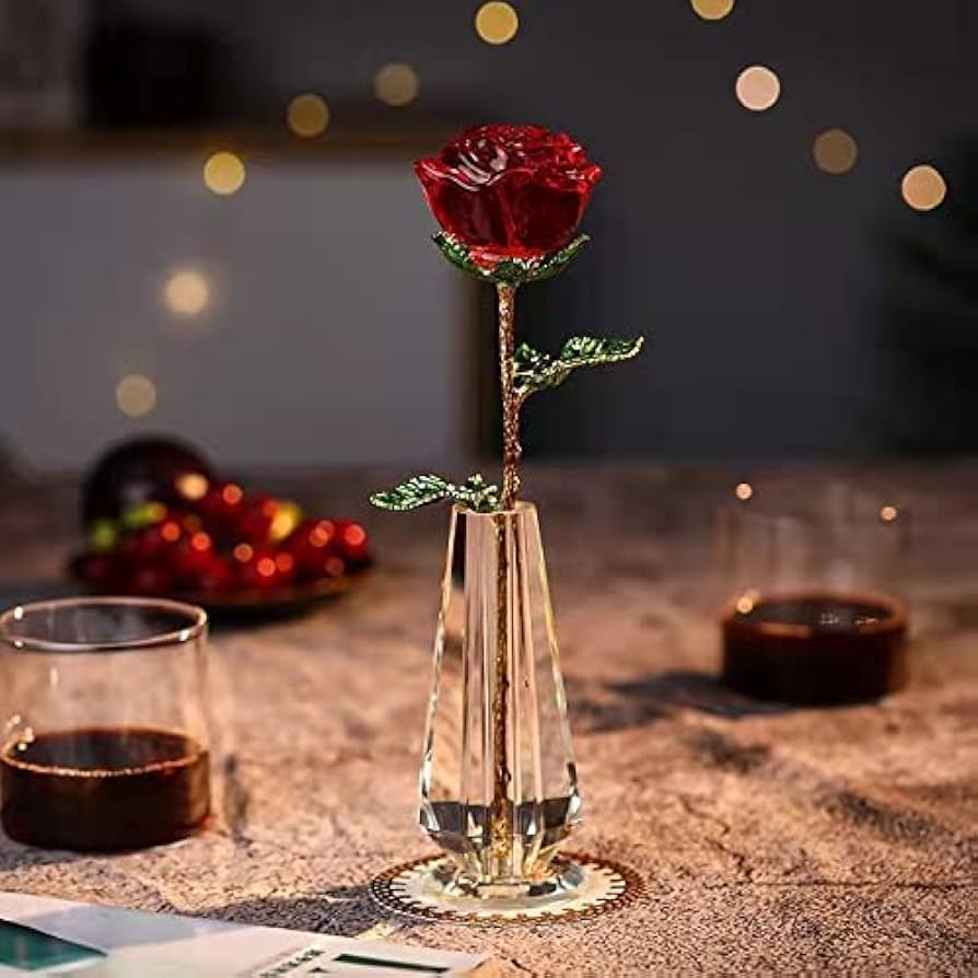 Amazon｜クリスタルローズ、クリスタルローズガラス赤いバラの花と緑の