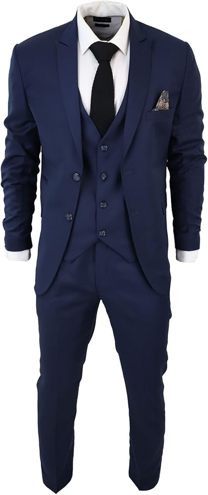 Men's Classic Navy Blue Suit 3 Piece Tailored Fit Vintage Office