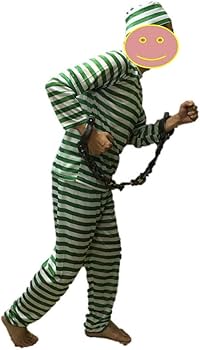 Amazon.co.jp: (lockon) 囚人服 黒 赤 緑 帽子 大きな 手錠 付き 男女