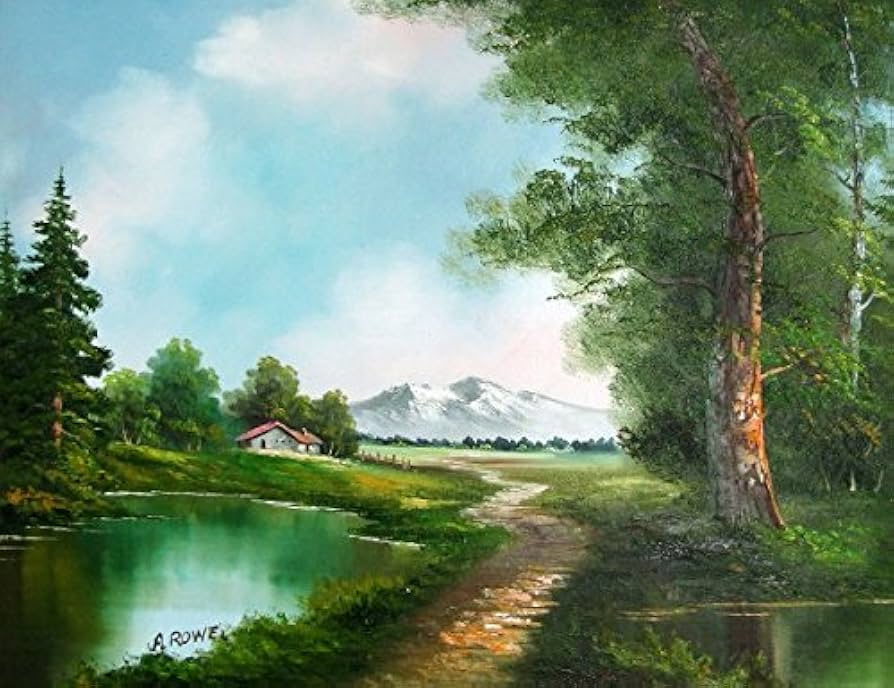 Amazon.co.jp: A・ROWE『小屋へ続く道(F20号)』油彩画 風景画 森林 池