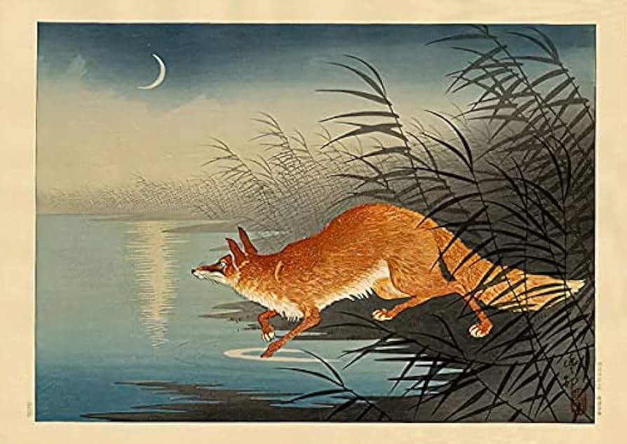 Amazon.co.jp: 小原 古邨 版画 月夜の池辺の狐 56x38cm 大判