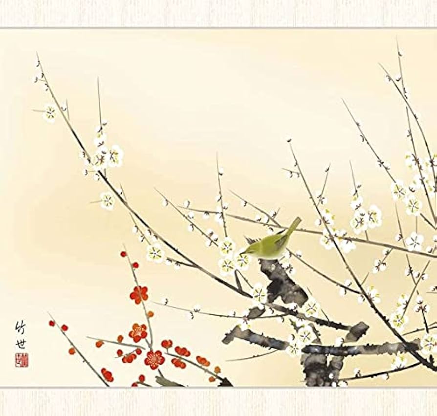 Amazon.co.jp: 日本画 田村竹世 紅白梅に鶯（こうはくばいにうぐいす