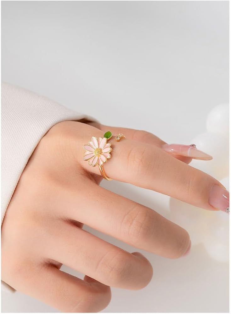 Kokoma Pink Daisy Flower Ring for Women Green Leaf Cubic Zirconia