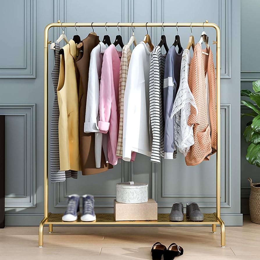 Amazon｜HAIYU- ゴールドハンガーラック 収納棚付き 金属製衣類ラック