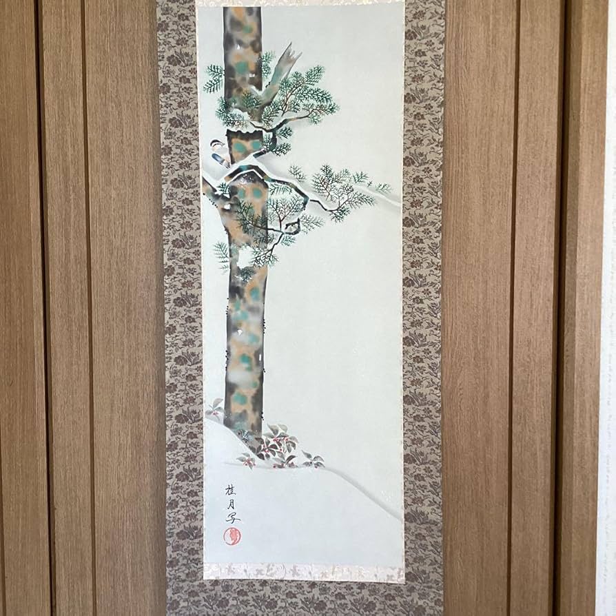 Amazon.co.jp: 池田桂月筆 酒井抱一写 12月 檜に啄木鳥図 彩色画絹本