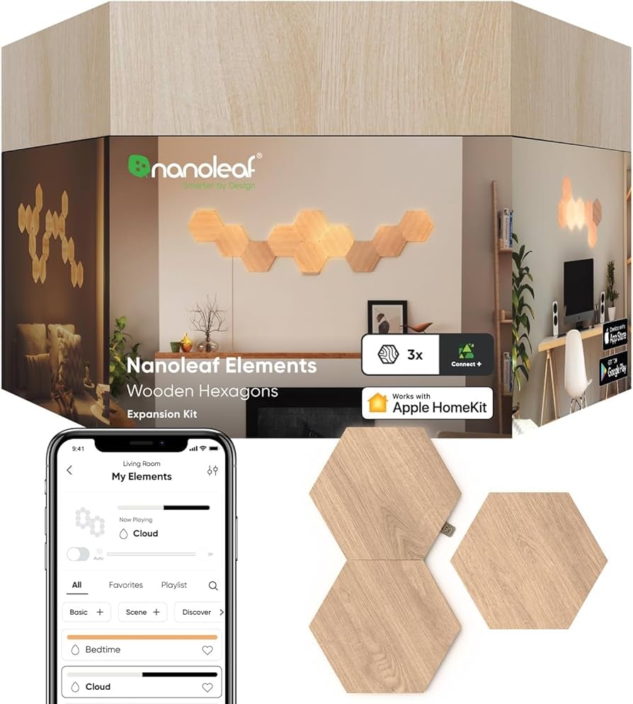 Nanoleaf Elements Wood Look Smart Wall Lights, Hexagon LED Wall