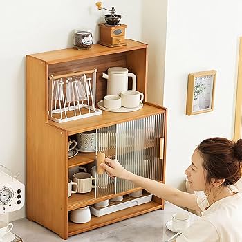 Amazon｜食器棚扉付きコップ 収納卓上食器棚 長虹ガラス引き戸 防塵竹