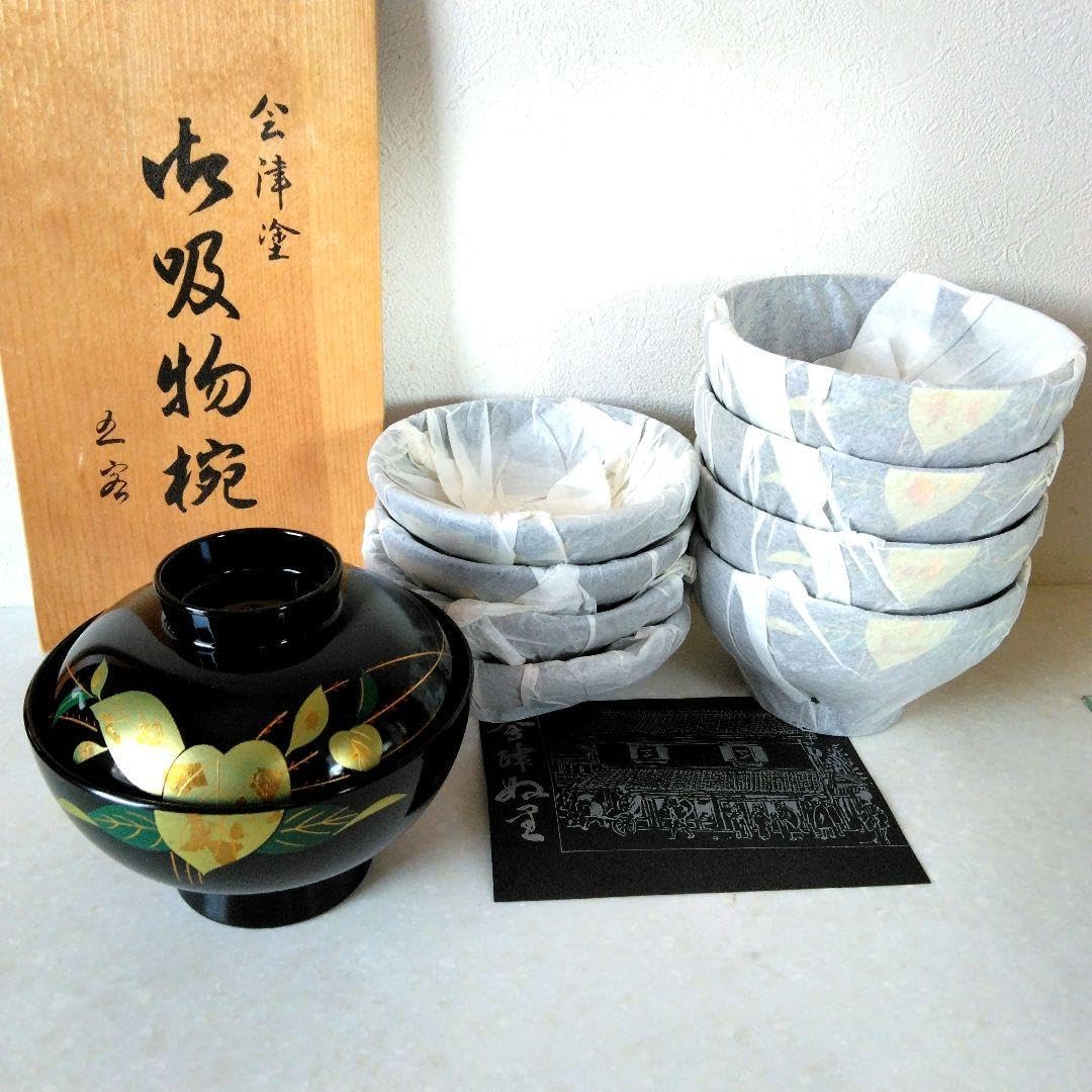 輪島塗 蓋付 椀 吸飲椀 波 鳥 金彩 蒔絵 松 黒 漆塗り 木箱付 - WWW