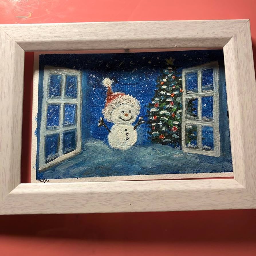 Amazon | 窓の外のクリスマスツリーと可愛い雪だるま 水彩画 絵手紙