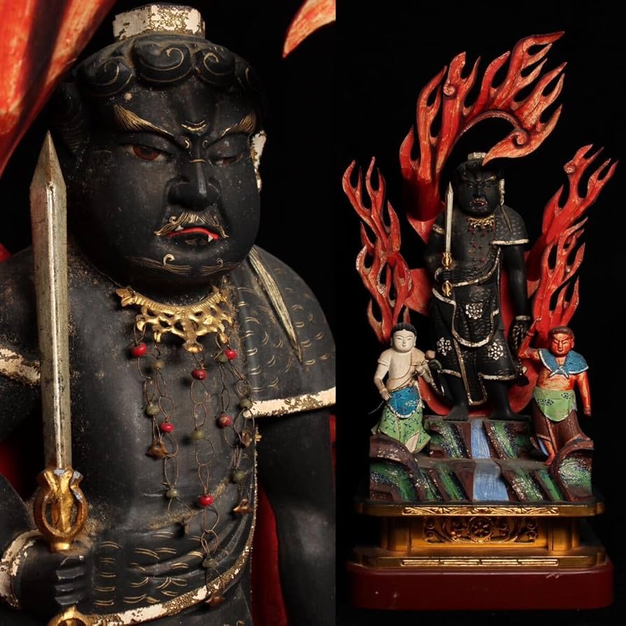 Amazon｜時代彩色玉眼不動明王像三尊立像仏像約66㎝木製仏教美術骨董古