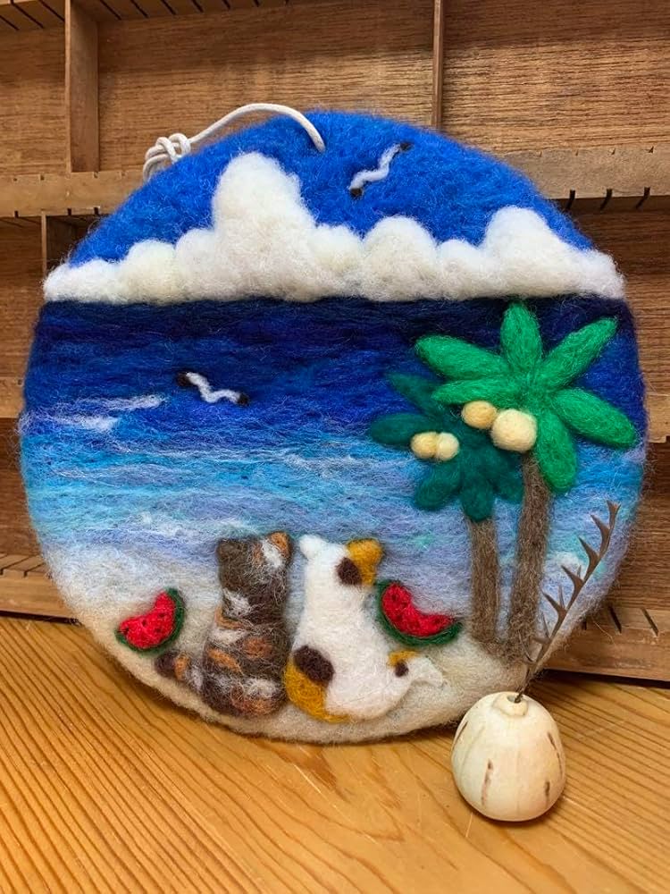Amazon.co.jp: 猫と海 タペストリー 風景 羊毛フェルト ハンドメイド