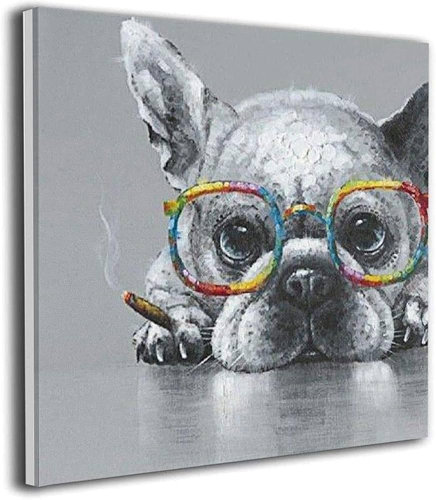 Amazon.co.jp: 油絵 犬 フレンチブルドッグ アート 黒白 眼鏡 喫煙