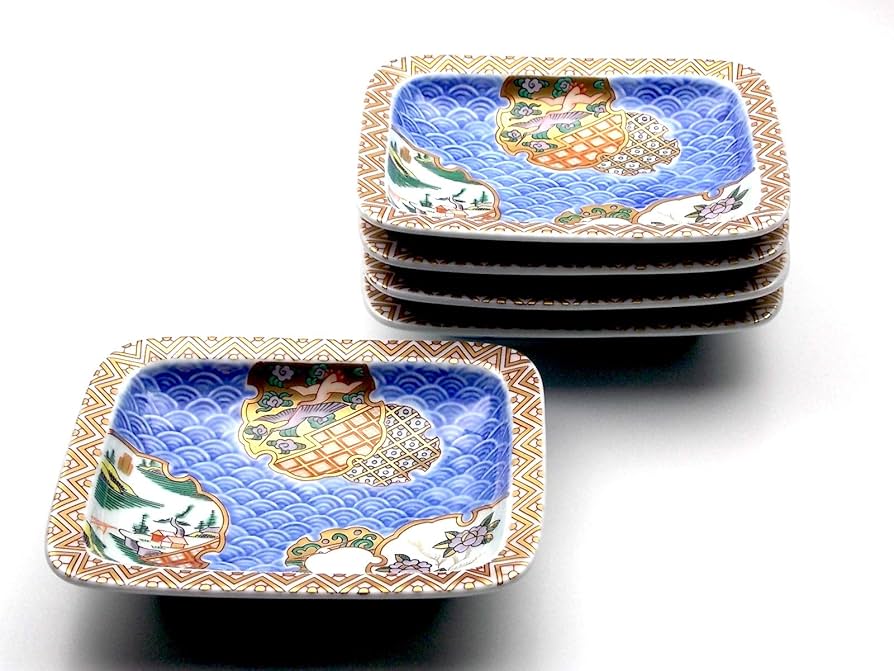 Amazon.co.jp: 林九郎窯 古伊万里風 青海波地紋雪輪 銘々皿5枚組