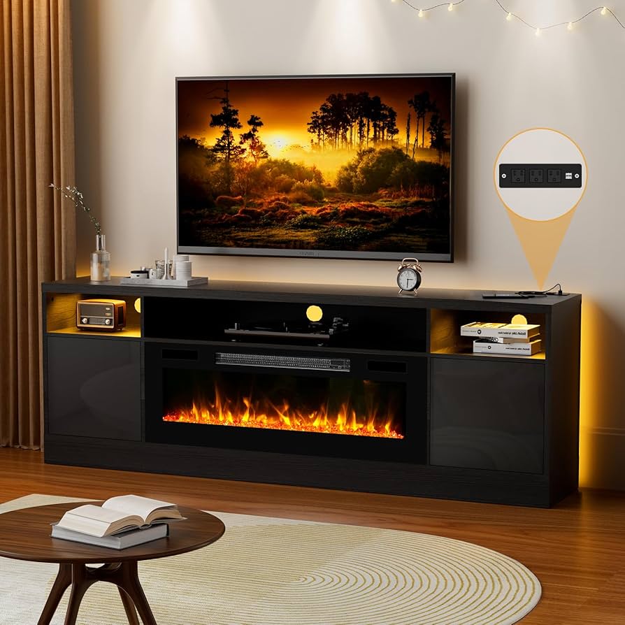Kucreiheat 70'' TV Stand with Fireplace and Power Outlet-Black