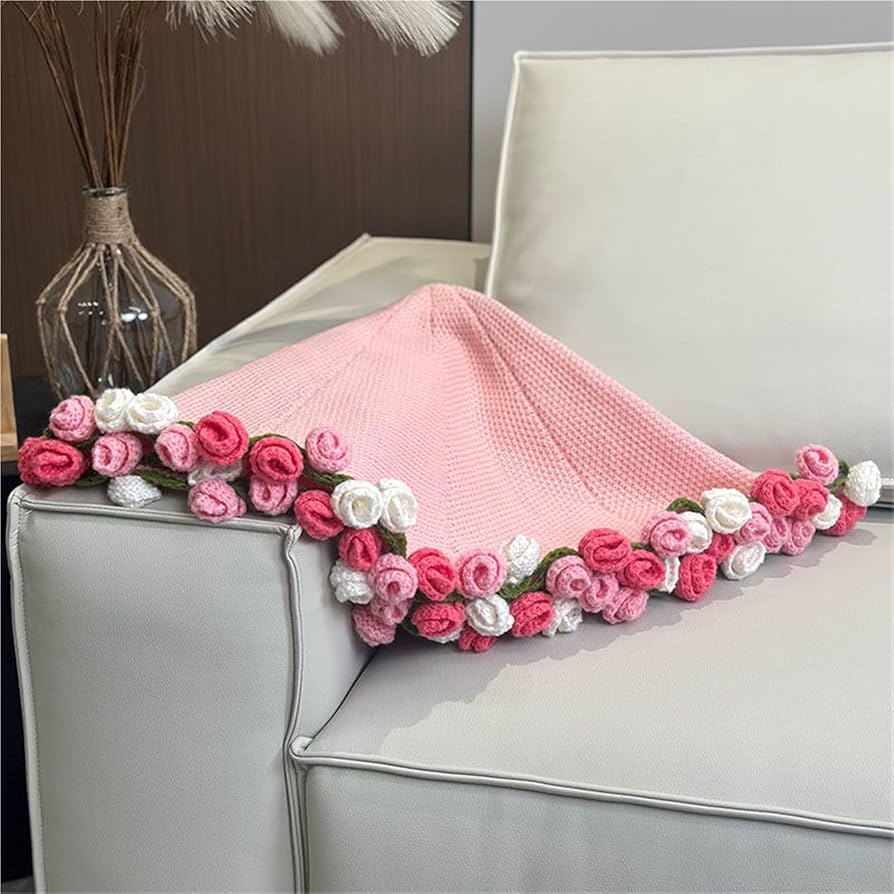 Amazon｜ピンクの花束ブランケット、手作りかぎ針編みの花ブランケット