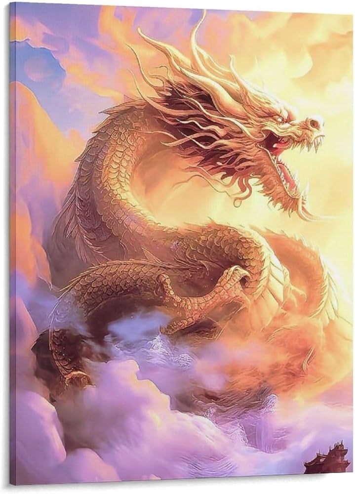 Amazon.co.jp: 絵画 雲の中の龍インテリア 絵画 超リアルな油絵 黄金