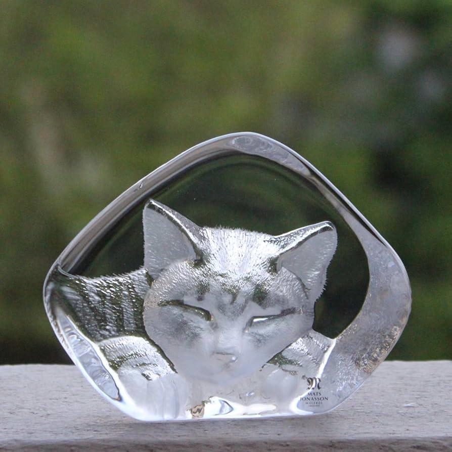 MALERAS ART GLASS WILD LIFE SCULPTURE CAT SLEEPY, DESIGN & SIGN