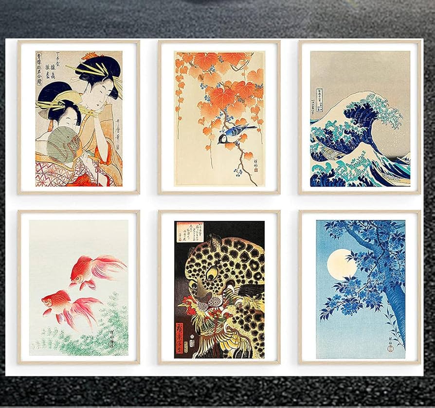 Amazon.co.jp: アジアンアートパネルプリント日本画壁画6点セット日本