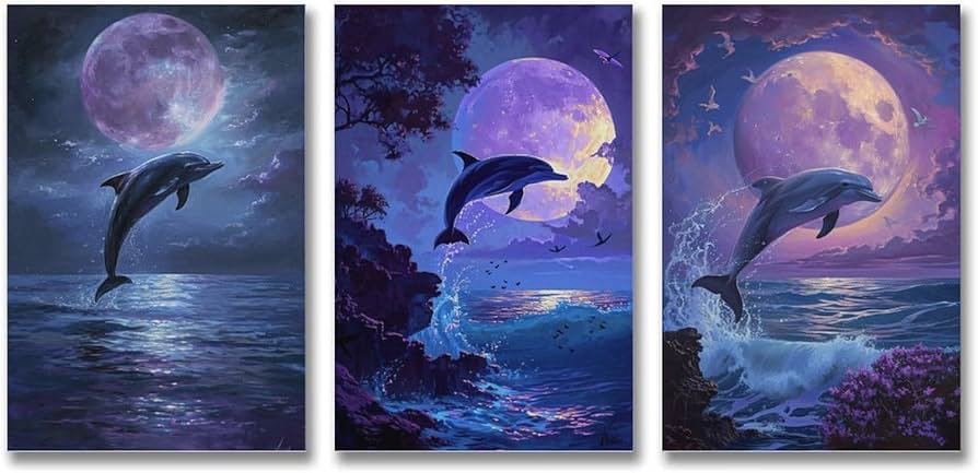 Amazon.co.jp: 3枚 夜の海から飛び出すイルカ 絵画 インテリア