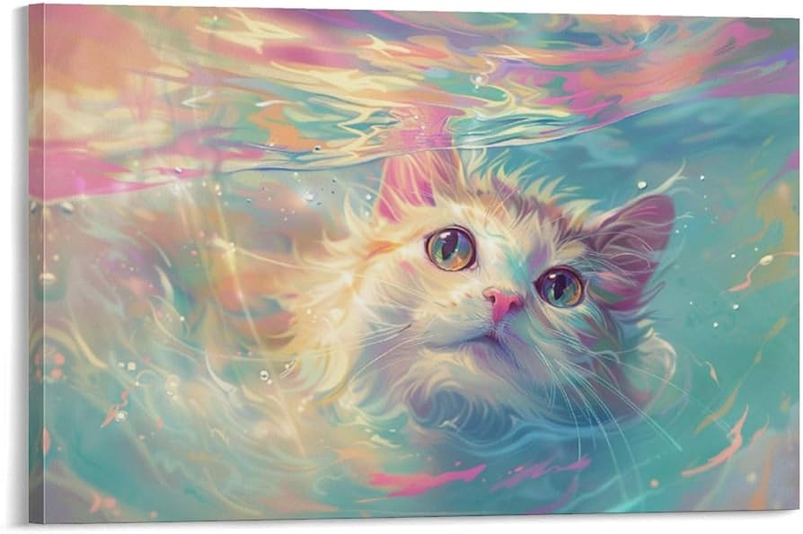 Amazon.co.jp: 絵画 水の中を泳ぐかわいい猫のアニメスタイル アート