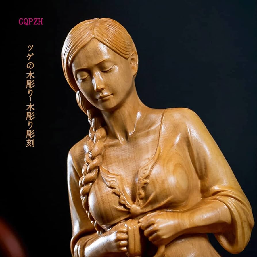 Amazon.co.jp: 木彫り 置物 瞑想的な美少女坐像 高級天然ツゲ木彫り