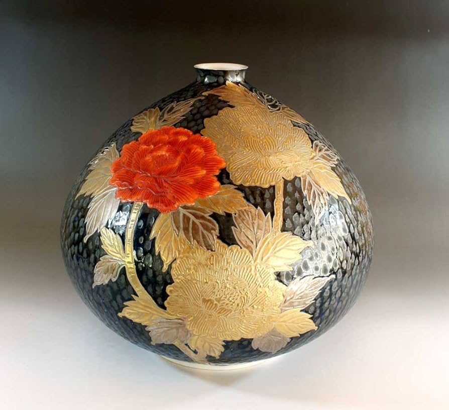 Amazon.co.jp: 花器 有田焼｜花瓶陶器・壺 プラチナ牡丹絵花瓶・藤井錦