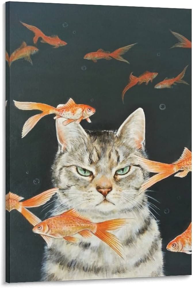 Amazon.co.jp: おしゃれ 猫柄 金魚 ネコ 魚を見つめる 猫 アートパネル