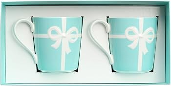 TIFFANY & Co Pottery Coffee Mug Cup Blue Ribbon Box 2Cups Set Bone