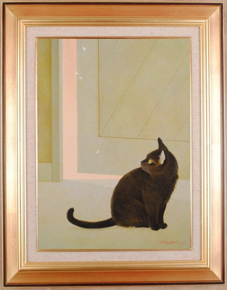 Amazon | 猫 絵画 黒猫 油絵 油彩画 高橋伸子 「予感・1」 額付き