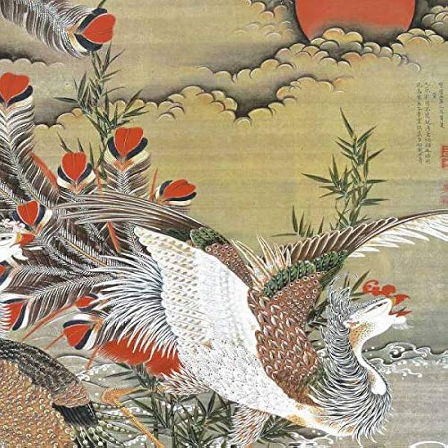 Amazon.co.jp: 伊藤若冲『旭日鳳凰図』高精彩工芸画+手彩 花鳥画 風景