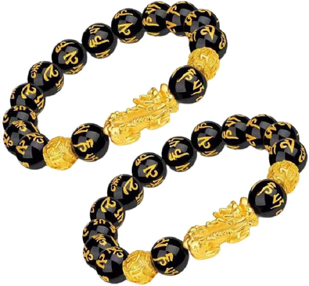 Amazon.com: 2pcs Feng Shui Obsidian Beads Wealth Bracelet Gold